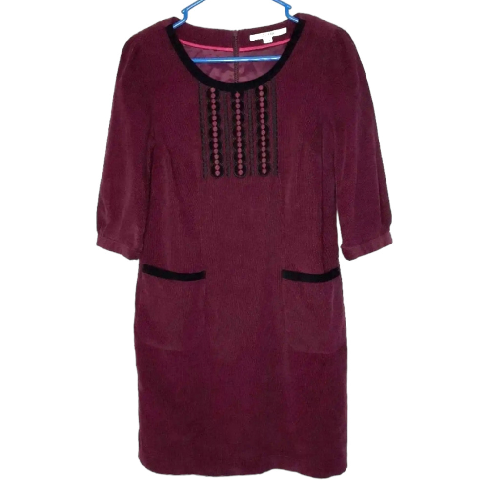 Boden Purple / Burgundy Corduroy Shift Dress Embroidered Size 6 Petite Women's